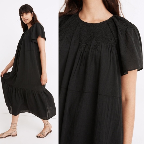Madewell Black Cotton Embroidered Smocked Midi Dress Size Small - Picture 1 of 11